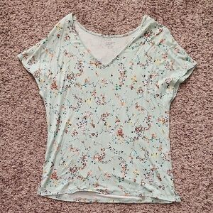 LOFT Outlet Light Green Floral Print V Neck Rayon Blend Womens Shirt